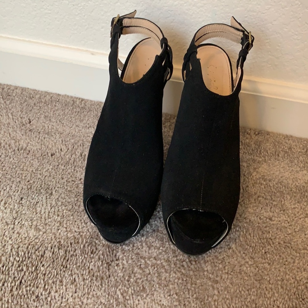 Black Faux suede peep toe wedges